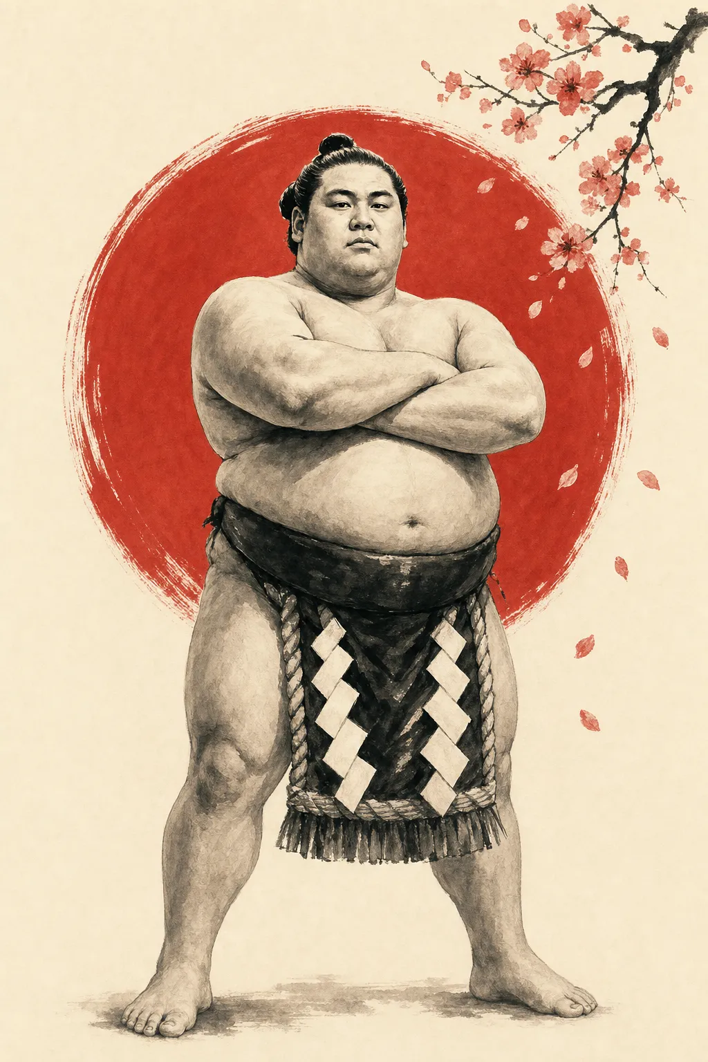 Ilustración sumi-e de luchador de sumo