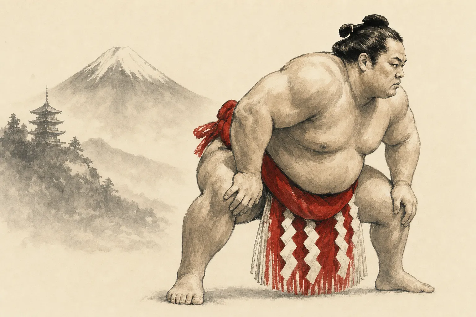 Sumo en posición shiko frente al monte Fuji